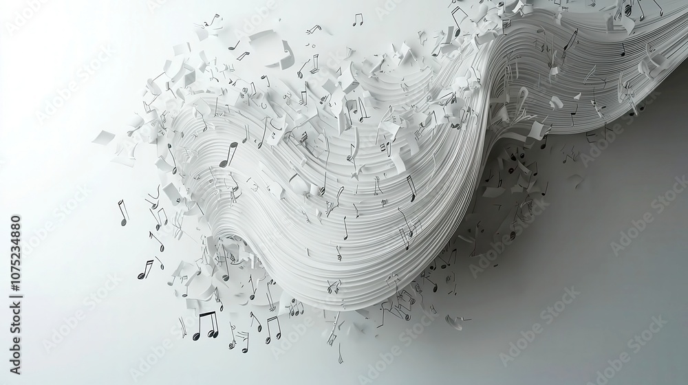 Poster melodic flow of curly music notes, an elegant animation of flowing musical notes on a white backgrou