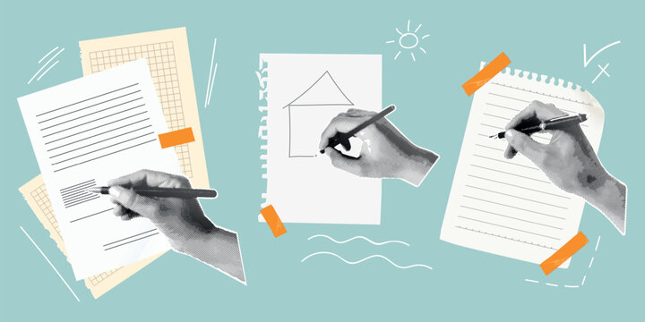 Halftone hands write. Hand with pen writing notebook rip torn sheet, vintage collage template retro paper school note law tax document report paperwork, exact vector illustration