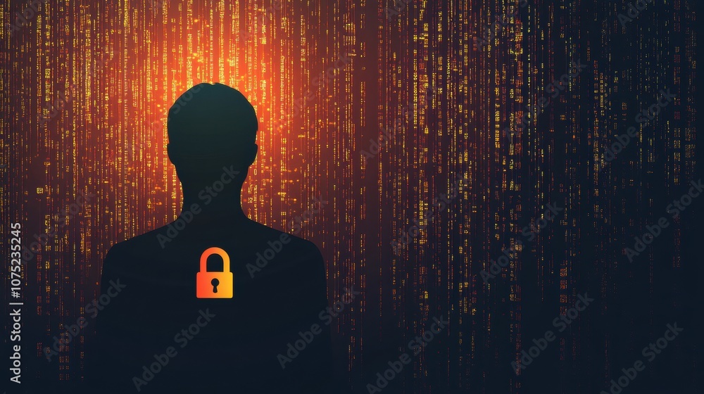 Aufkleber a person’s silhouette is highlighted against a digital background featuring a prominent lock symbol,