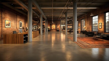 Industrial-style loft living room with open concept, exposed ducts, wooden accents, and concrete flooring, 3d render