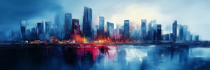 Fototapeta premium Abstract cityscape with blue, red and white colors, oil painting, brush strokes, modern art style