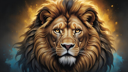 Fototapeta premium A majestic lion exudes courage, its fierce mane flowing and golden eyes shining with determination. The T-shirt design captures this iconic symbol of bravery in a striking painting, realistic.