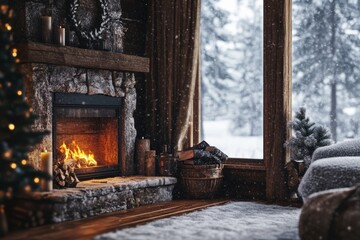 winter lodge interior, with a warm fireplace, rustic wooden materials, holiday season decor, and snow gently falling outside