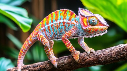 Obraz premium Vibrant Chameleon on Tropical Branch, A close-up view of a colorful chameleon with textured skin navigating a tree branch in a lush tropical environment, showcasing nature's beauty.