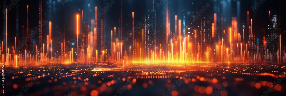 Poster abstract futuristic cityscape with glowing lines and data points on a dark background, symbolizing t