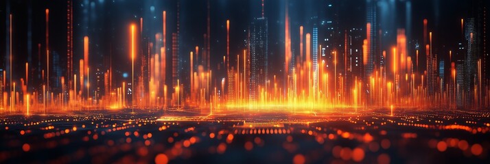 Abstract futuristic cityscape with glowing lines and data points on a dark background, symbolizing technology innovation in the style of digital marketing.
