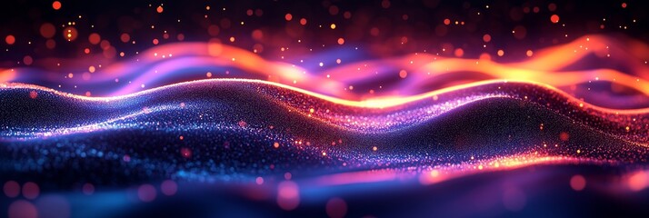 Abstract glowing neon wavy background with blurred city lights and waves of light, dark blue purple and orange pink colors