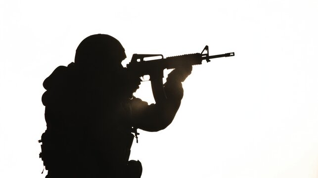 recommend clip art: black silhouette of modern soldier with rifle in white background, sniper reloading gun
