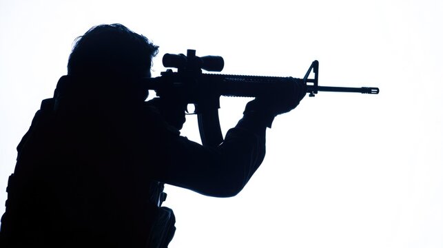 recommend clip art: black silhouette of modern soldier with rifle in white background, sniper reloading gun