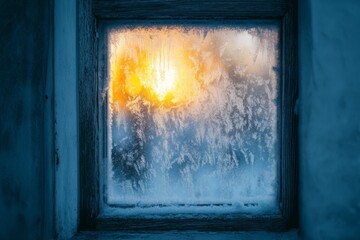beautiful window frozen from extreme cold low temperatures at sunset, christmas holiday season background
