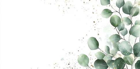 Watercolor green leaves and gold glitter on a white background.