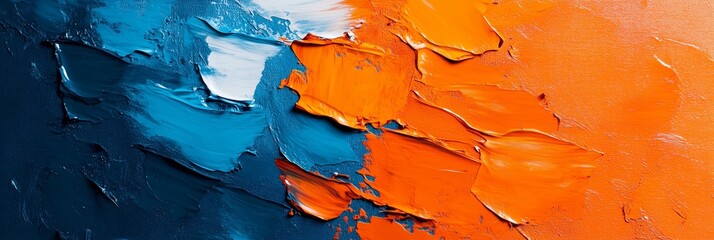 Abstract oil painting with blue, white and orange colors, circle shape in the center of canvas