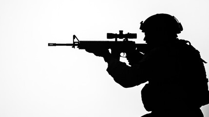 black silhouette of modern soldier with rifle in white background, sniper reloading gun