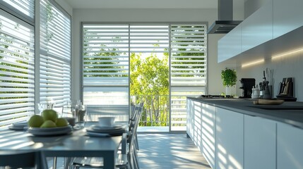 Aluminum louver windows in a modern kitchen, open to let in light and fresh air from the outside.