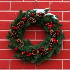 A Christmas wreath with pine branches, pine cones, and red berries hangs on a red brick wall, covered in snow.