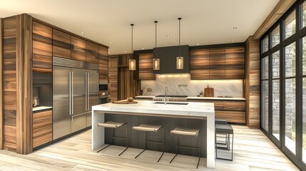 Modern kitchen with white countertops, wood cabinets, spacious layout, pendant lights, 3D rendering,