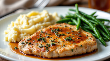 Mouth-watering Mary's chicken with creamy mashed potatoes and bright green beans, garnished with parsley on a white plate.
