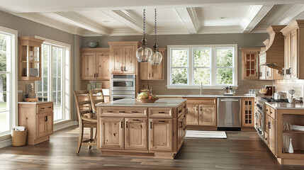 Spacious American kitchen interior with an open island, light wood cabinetry, large windows, and pendant lighting for a bright and inviting atmosphere.