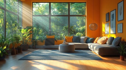 Fototapeta premium Bright, inviting living room filled with plants and natural light.