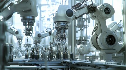 A futuristic factory scene with robotic arms performing automated tasks, surrounded by a high-tech, industrial environment.