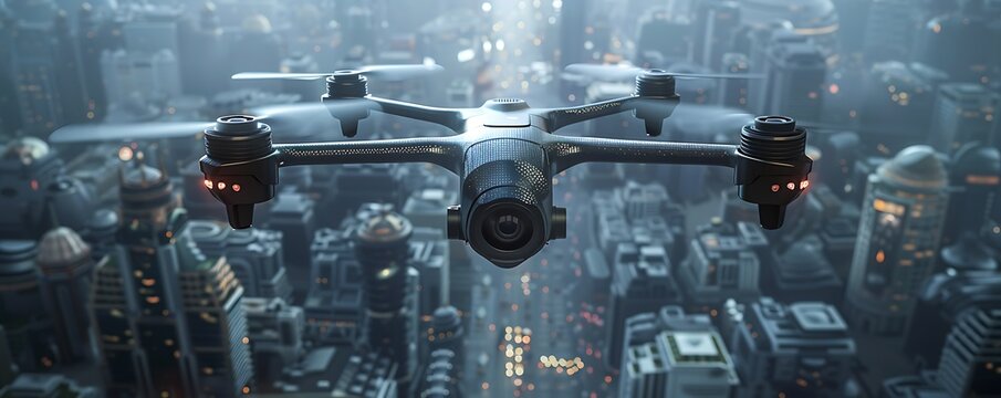 A high-tech surveillance drone flying over a dense urban environment equipped with advanced cameras and sensors for real-time monitoring and data collection