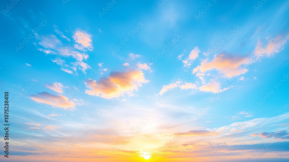 Poster vibrant sunset sky, an enchanting view of a blue sky adorned with fluffy clouds, illuminated by the 