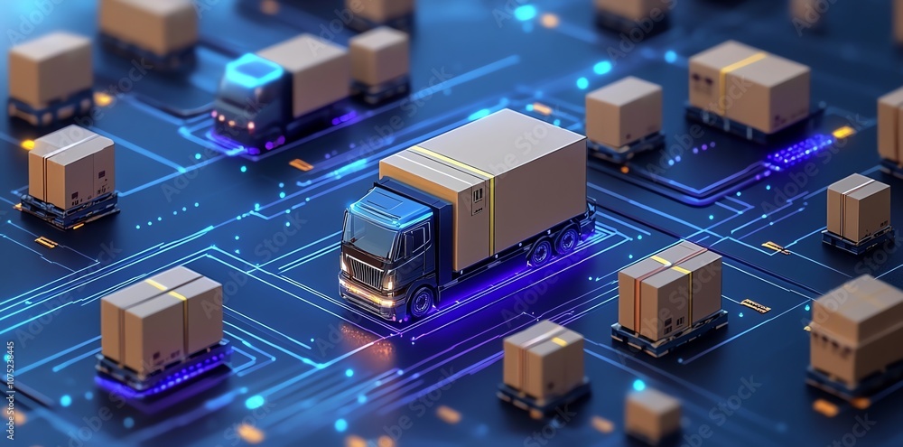 Leinwandbilder 3d rendering of a futuristic automated delivery system with trucks and boxes moving along a circuit 