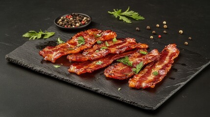 Crispy Bacon Strips on a Slate Plate with Fresh Herbs and Peppercorns, Ideal for Culinary Dishes and Breakfast Inspirations for Food Photography