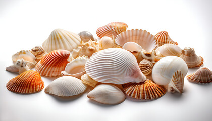 A vibrant assortment of various seashells showcasing different shapes and colors, beautifully arranged against a white background, evoking a sense of the beach and ocean life.