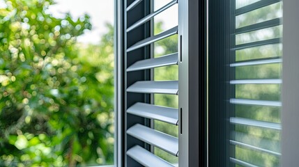 Close-up of aluminum louver window slats, showing clean lines and durable material in an open position.