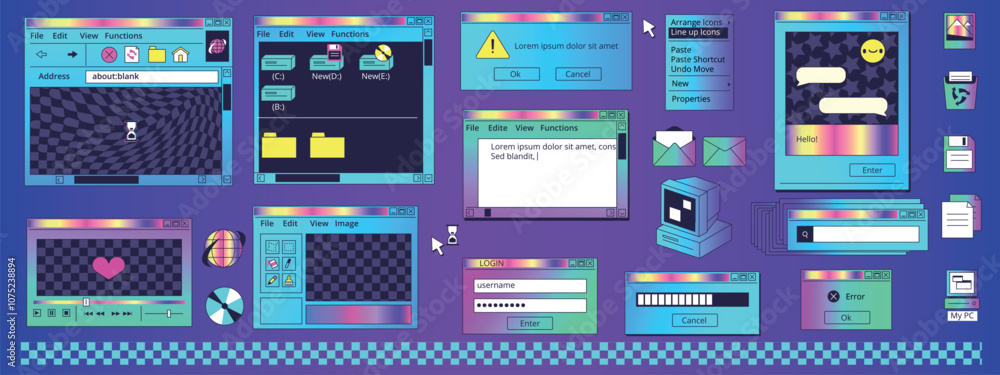 Poster browser neon screens. retro window black interface, vintage computer internet frame dialogue file fo