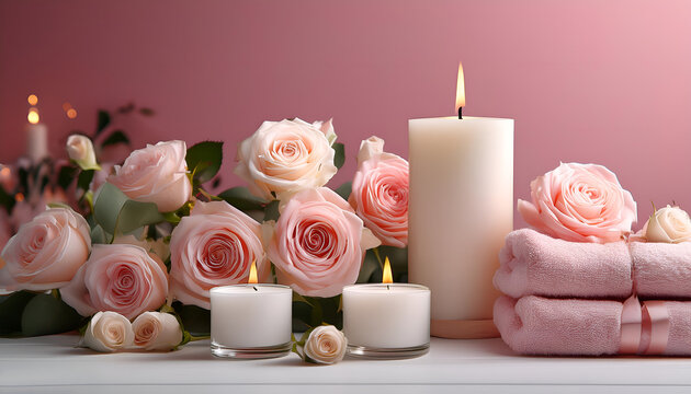 A serene spa setting featuring pink roses, burning candles, and soft towels, creating an ambiance of relaxation and tranquility. Ideal for beauty, aromatherapy, and wellness themes.