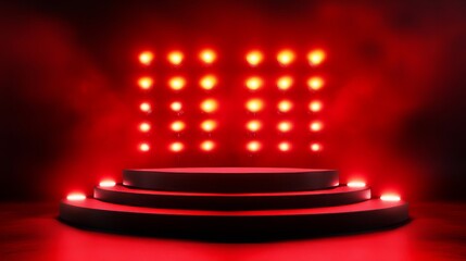 3d rendered empty red podium stage with red lights. black friday and christmas podium