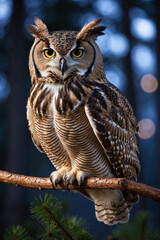 Obraz premium A gorgeous great horned owl perches on a branch in a forest during the day