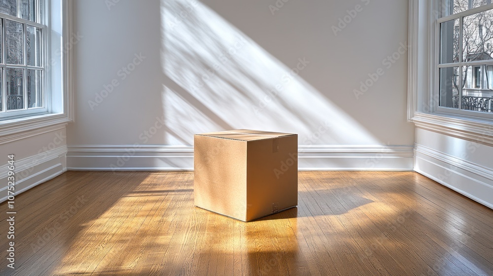 Poster a cardboard box on a hardwood floor in an empty room with sunlight streaming through the windows.