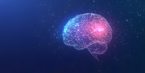A digital abstract background with glowing blue and purple connections forms the shape of an AI brain on a dark gradient, ideal for tech presentations and social network banners.