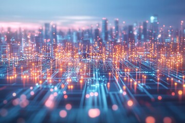 Obraz premium Digital Cityscape: A Futuristic Vision of Connected Technology and Urban Innovation