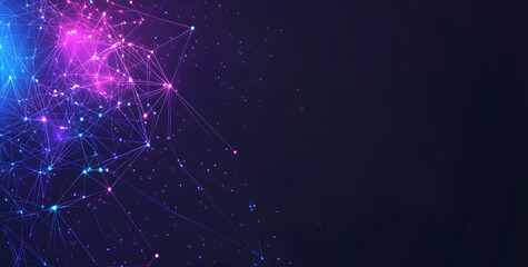 Fototapeta premium A digital abstract background with glowing blue and purple connections forms the shape of an AI brain on a dark gradient, ideal for tech presentations and social network banners.