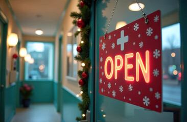 A glowing neon sign with the words open on it on the door of a polyclinic, hospital, clinic, drugstore, pharmacy with Christmas decorations