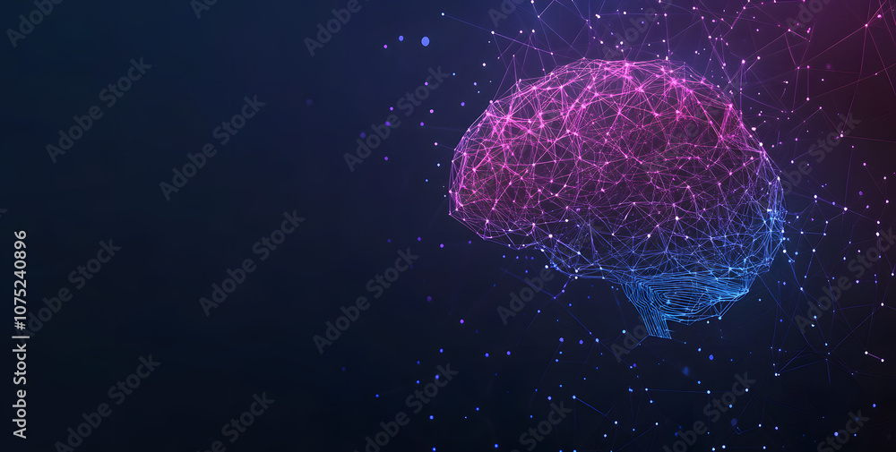 Poster A digital abstract background with glowing blue and purple connections forms the shape of an AI brain on a dark gradient, ideal for tech presentations and social network banners.
