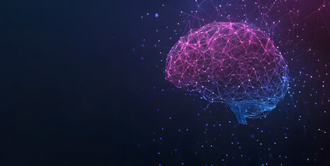 A digital abstract background with glowing blue and purple connections forms the shape of an AI brain on a dark gradient, ideal for tech presentations and social network banners.