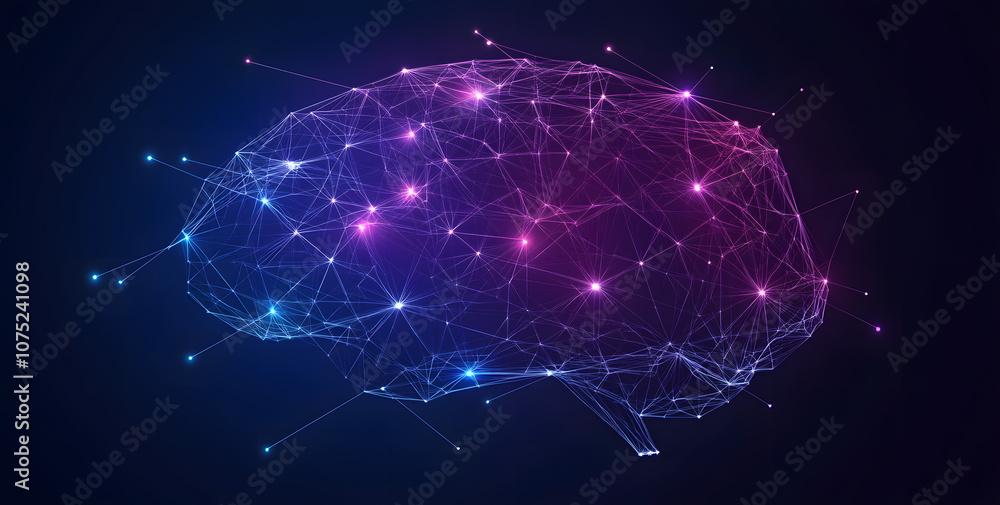 Poster A digital abstract background with glowing blue and purple connections forms the shape of an AI brain on a dark gradient, ideal for tech presentations and social network banners.