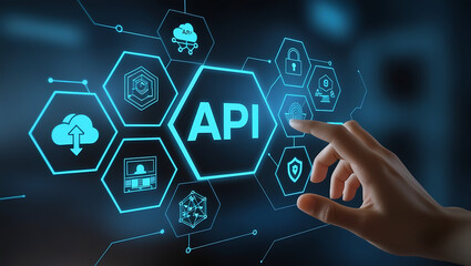 a hand touching a hologram virtual interface of API,API integration, API development, JSON, API documentation, api authentication
