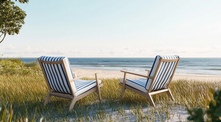 Two striped chairs sit on a grassy dune overlooking a beach with blue water and waves. The chairs are facing the ocean and are perfect for relaxing and enjoying the view