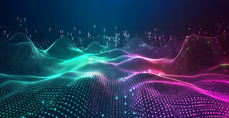 Fototapeta premium A digital abstract background with glowing blue and purple connections forms the shape of an AI brain on a dark gradient, ideal for tech presentations and social network banners.