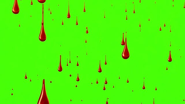 Animation red blood drops falling on green screen background. at a chroma key background, drop, 3D HD animation, seamless looping, dripping blood animation, 3D drops, shiny beautiful, red drops. 