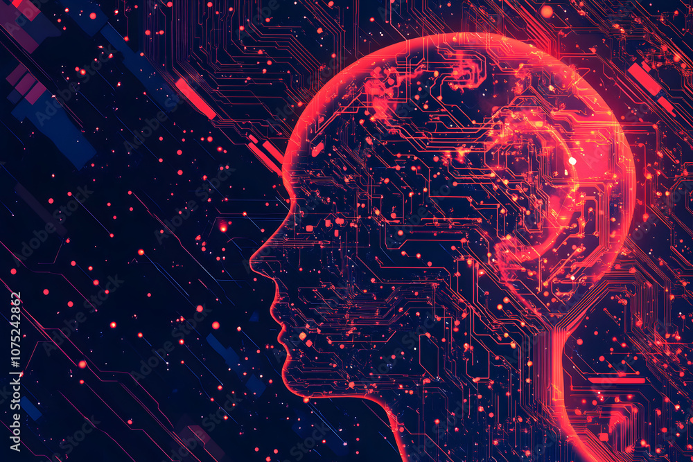 Poster A digital abstract background with glowing blue and purple connections forms the shape of an AI brain on a dark gradient, ideal for tech presentations and social network banners.