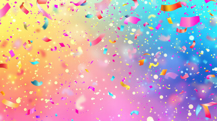 Colorful confetti and ribbons falling on a vibrant rainbow background