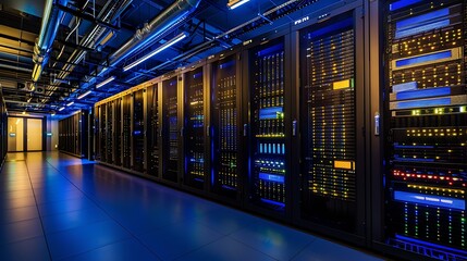 A sleek ultra-modern data center with rows of servers ambient lighting and advanced cooling systems showcasing the backbone of cloud computing infrastructure
