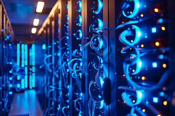 A sleek ultra-modern server room with rows of glowing blue servers and cables illuminated by ambient light showcasing advanced cooling systems and network hubs in high detail